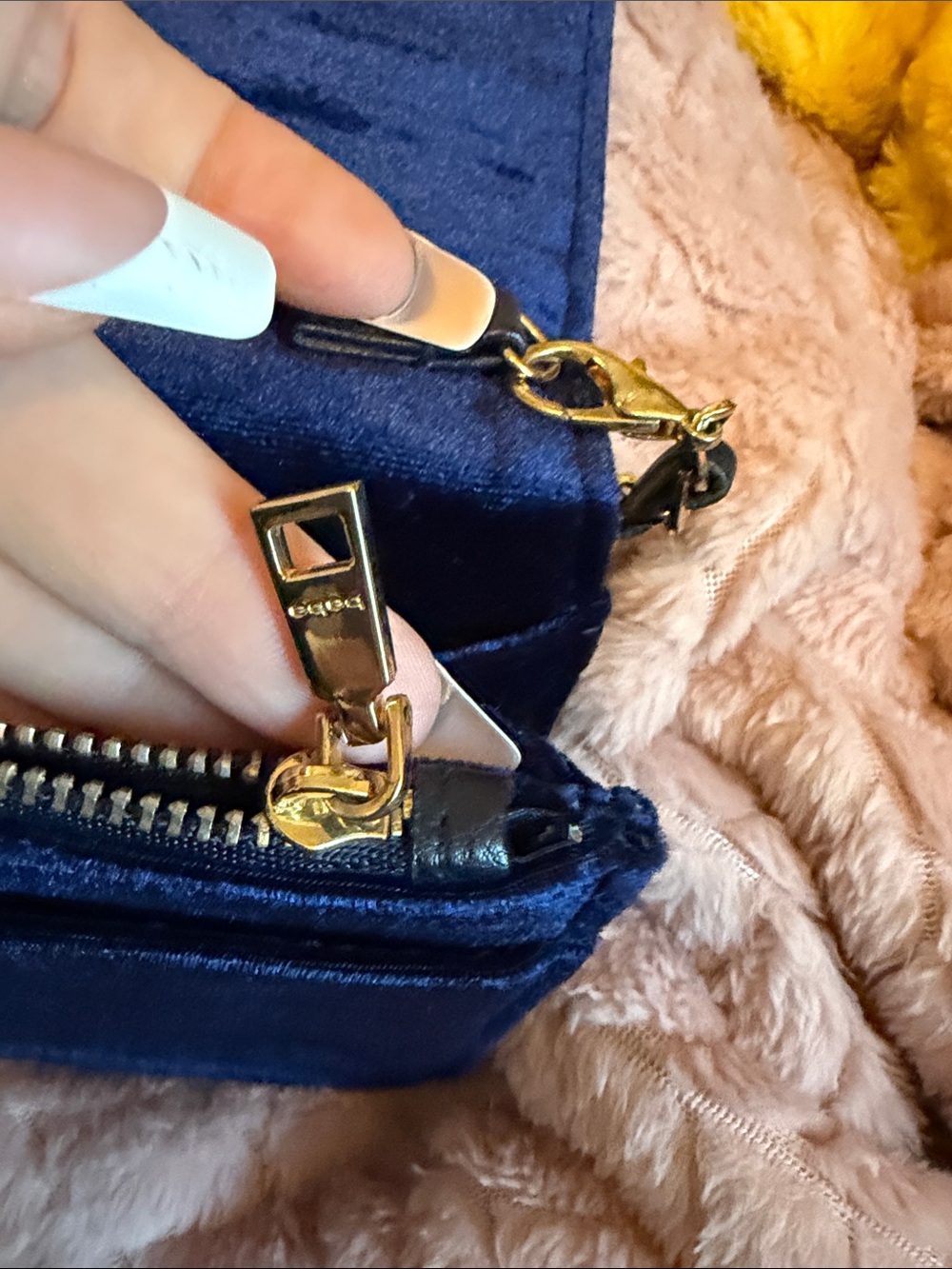 bebe Quilted Velvet Crossbody Bag - Deep Blue with Gold Hardware - Picture 6 of 9
